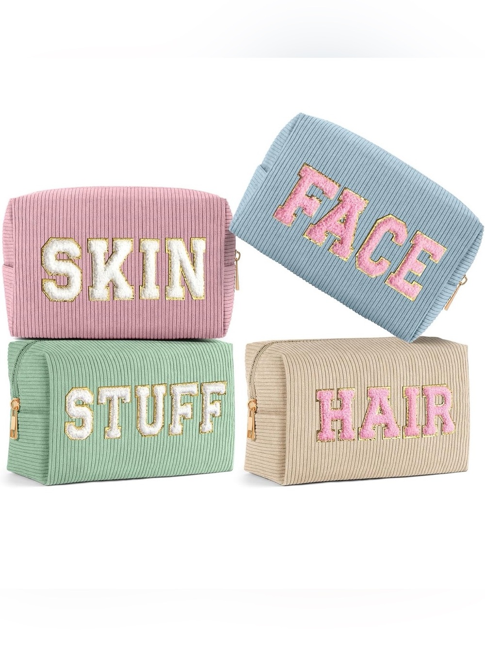 Corduroy Cosmetic Pouch Set - Pastel Pink, Blue, Mint, Beige